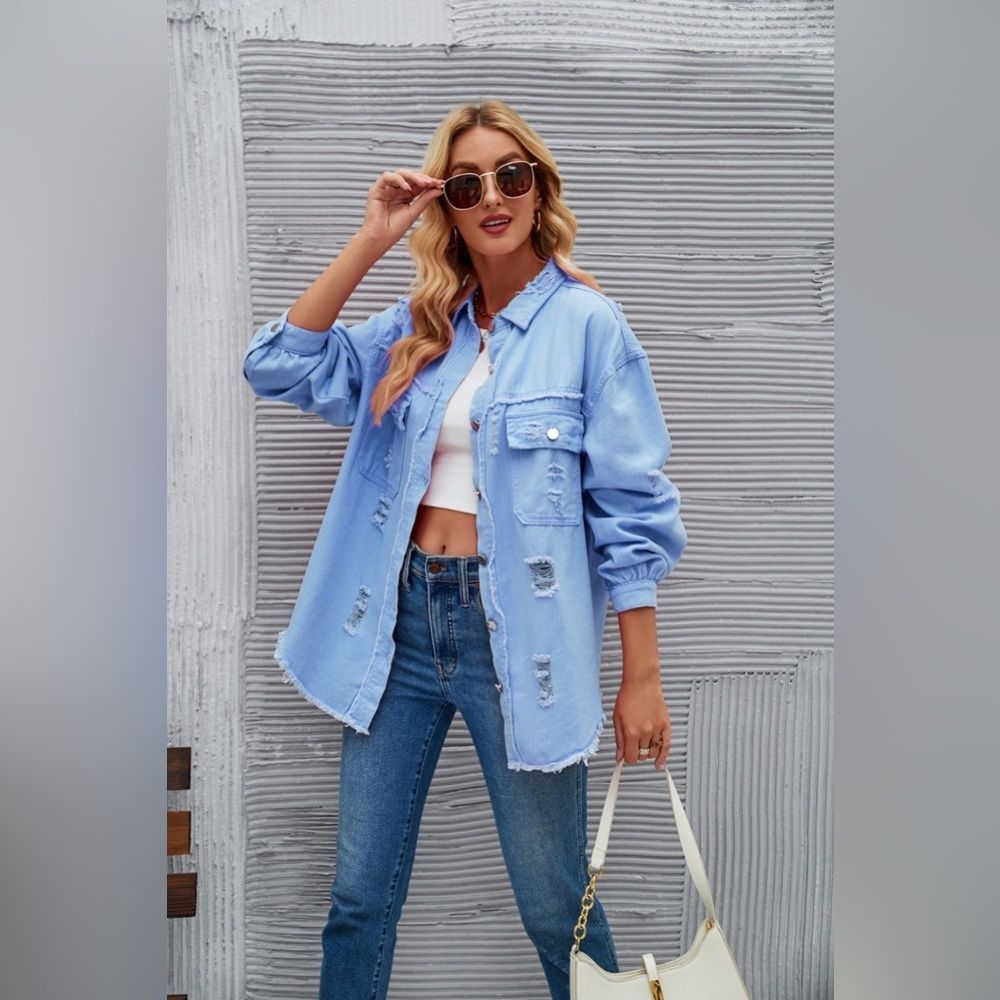 Misty Blue Distressed Raw Hem Denim Jacket